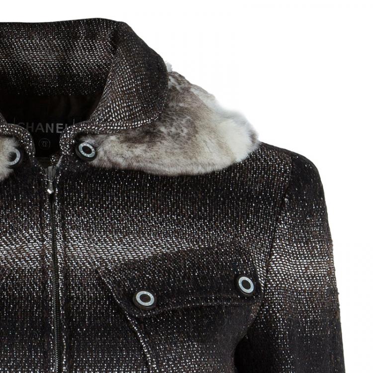 Pre Owned Chanel Wool Plaid Fur Collar Jacket M