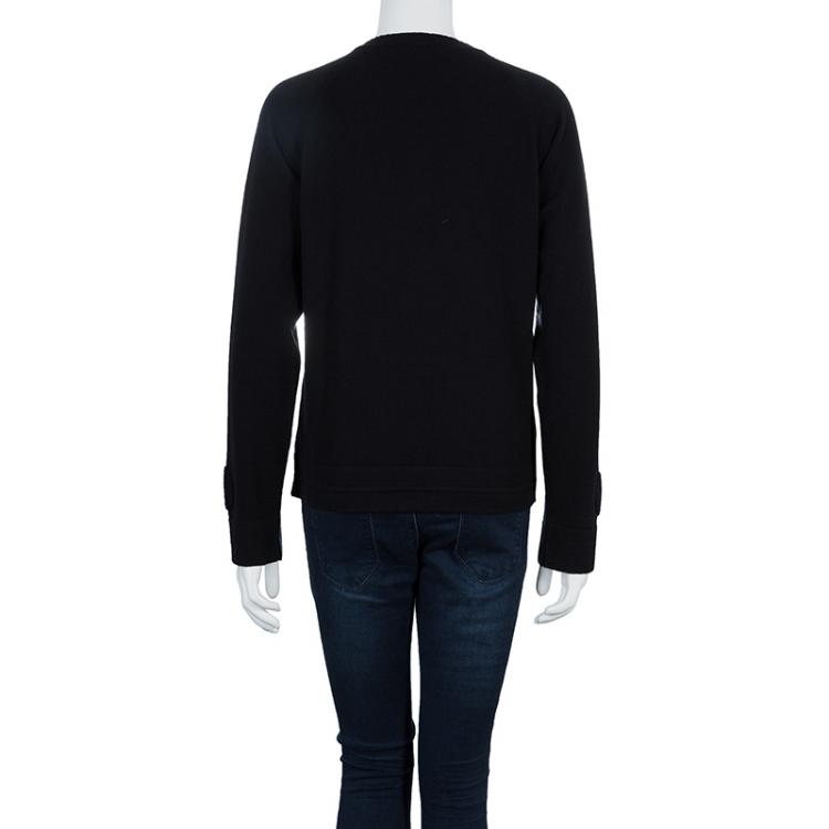 Pre Owned Chanel Black Chenille Embroidered Cashmere Cardigan M