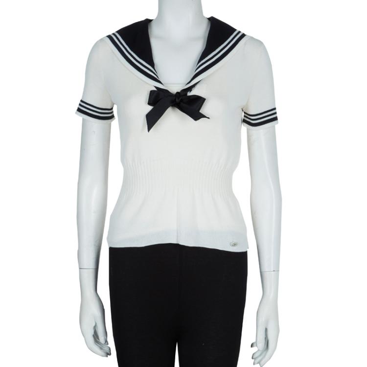 Chanel Monochrome Sailor Collar Ribbon-Tie Detail Knit Top M