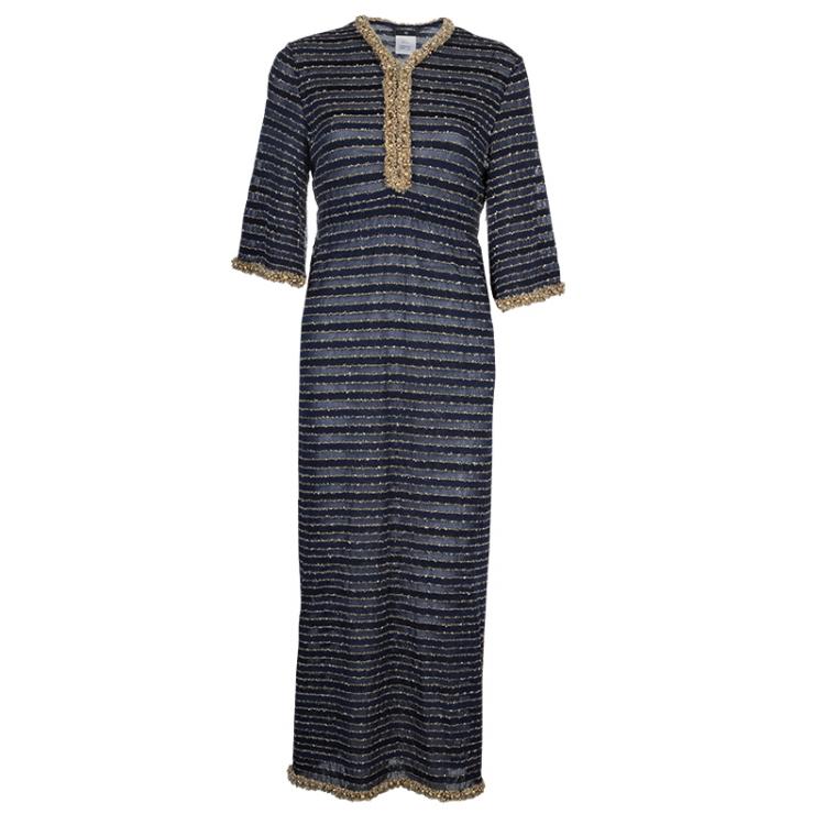 Chanel Blue Lurex Knit Beaded Edging Detail Bell Sleeve Maxi Dress S Chanel  | The Luxury Closet