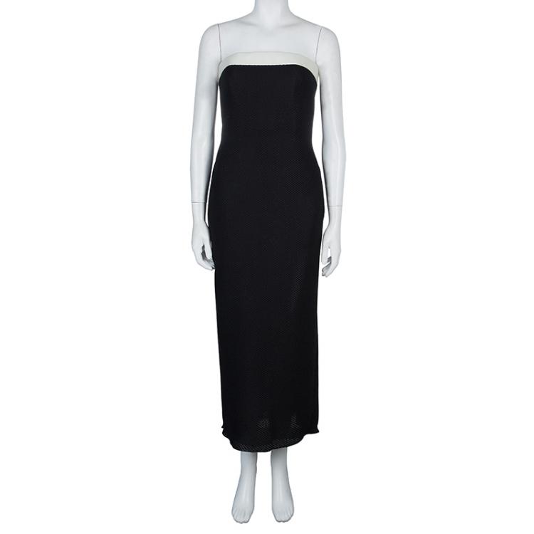 Chanel Black Contrast Leather Trim Detail Strapless Maxi Dress M Chanel