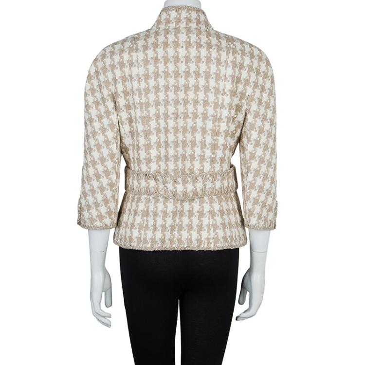 Pre Owned Chanel Beige and Cream Houndstooth Jacket L