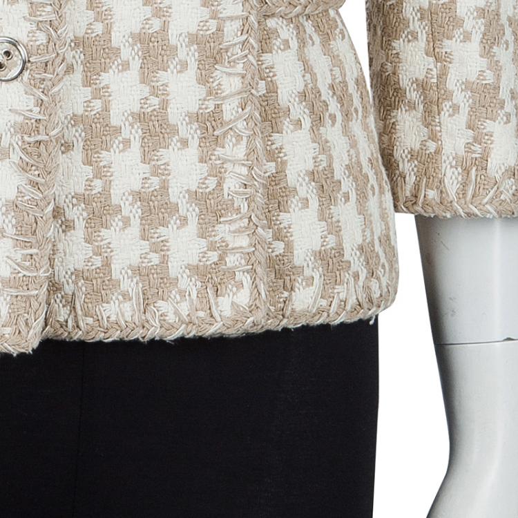 Pre Owned Chanel Beige and Cream Houndstooth Jacket L