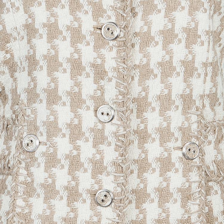 Pre Owned Chanel Beige and Cream Houndstooth Jacket L