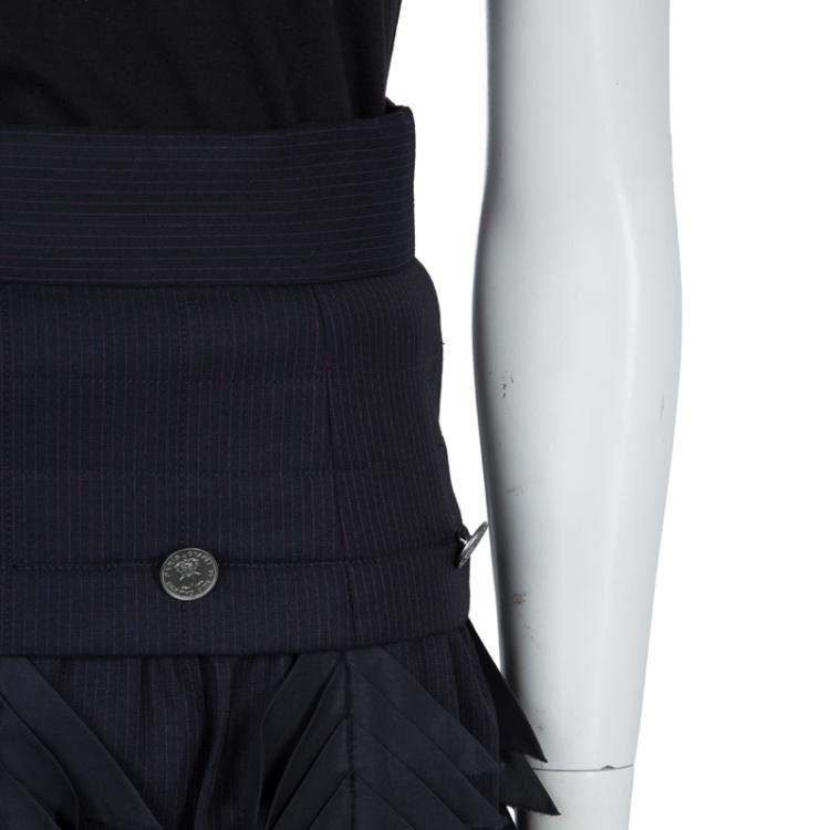 Pre Owned Chanel Navy Blue Pin Striped Triangular Applique Detail High Waist Skirt M