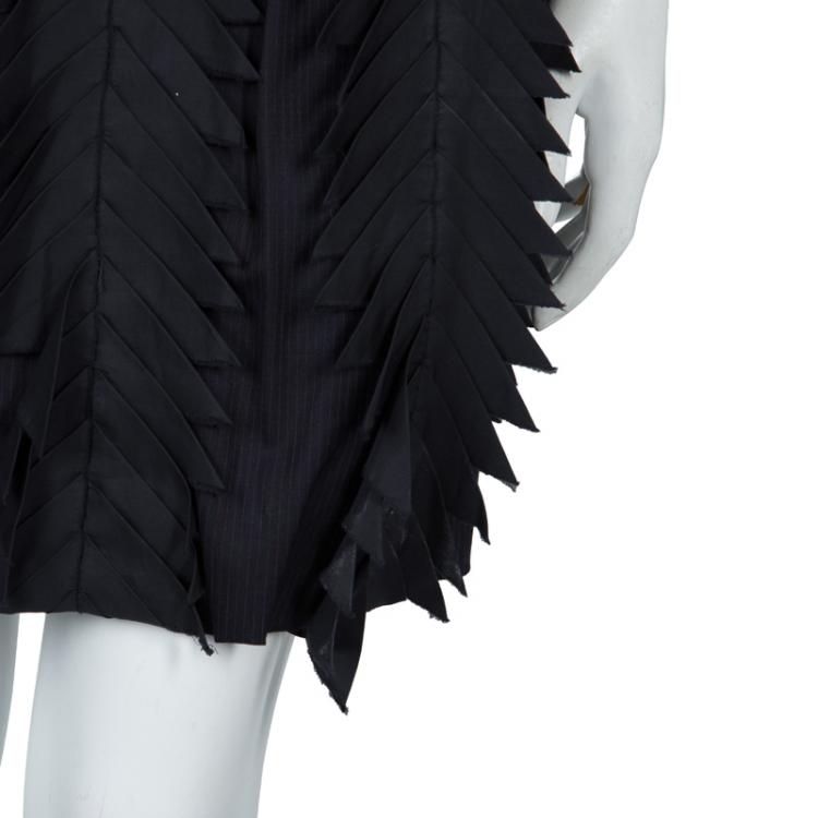 Pre Owned Chanel Navy Blue Pin Striped Triangular Applique Detail High Waist Skirt M