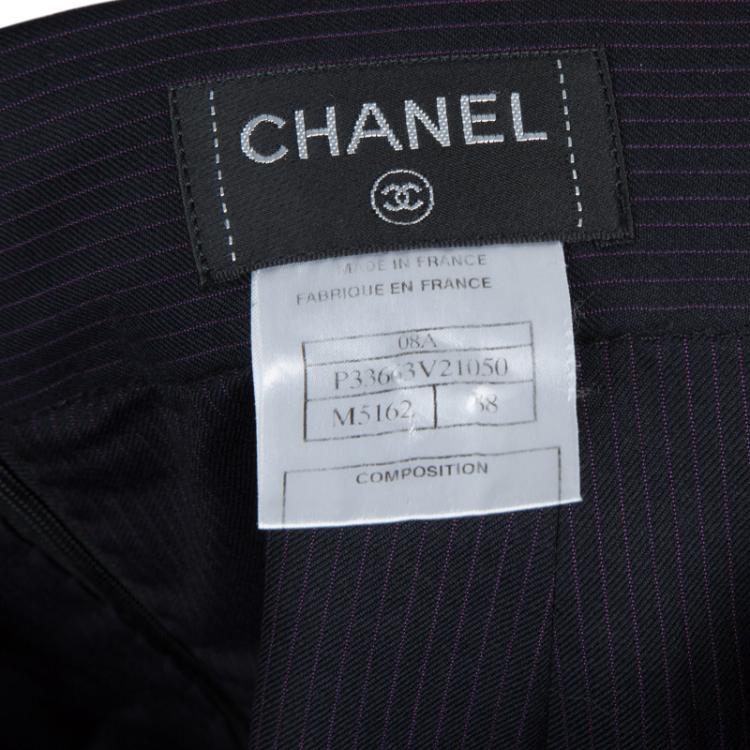 Pre Owned Chanel Navy Blue Pin Striped Triangular Applique Detail High Waist Skirt M