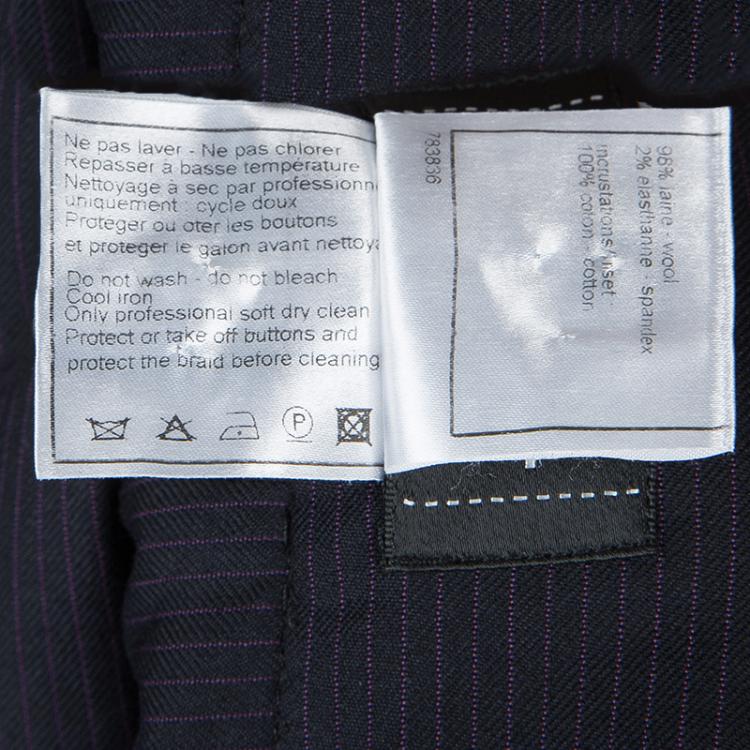 Pre Owned Chanel Navy Blue Pin Striped Triangular Applique Detail High Waist Skirt M