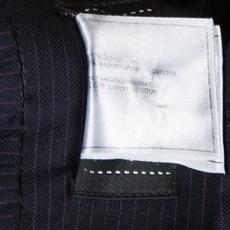 Pre Owned Chanel Navy Blue Pin Striped Triangular Applique Detail High Waist Skirt M