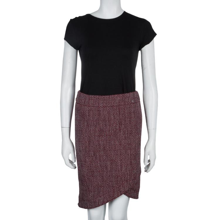 Pre Owned Chanel Red Herringbone Pattern Wool Skirt S