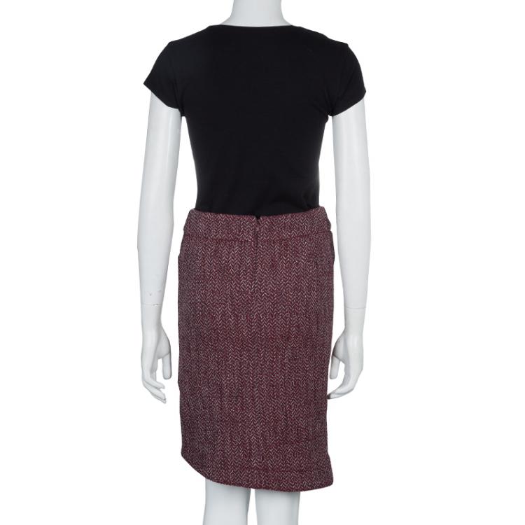 Pre Owned Chanel Red Herringbone Pattern Wool Skirt S