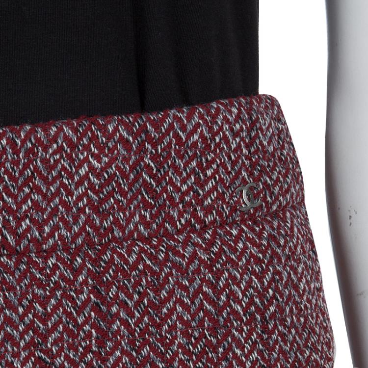 Pre Owned Chanel Red Herringbone Pattern Wool Skirt S