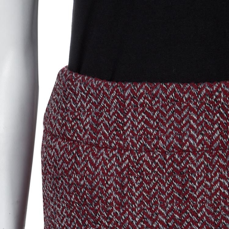 Pre Owned Chanel Red Herringbone Pattern Wool Skirt S