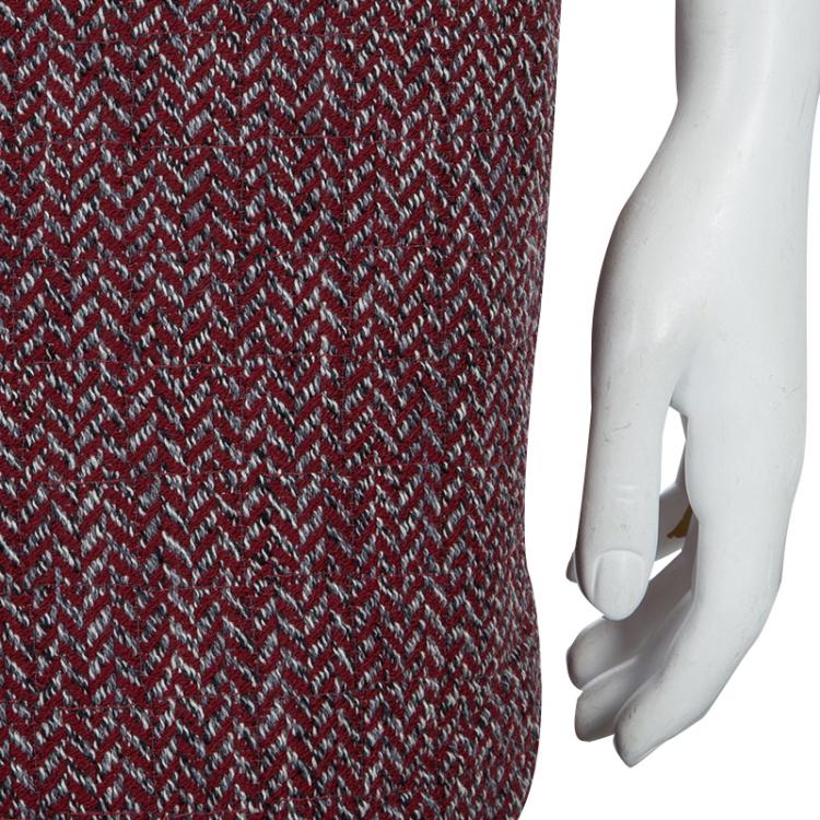 Pre Owned Chanel Red Herringbone Pattern Wool Skirt S