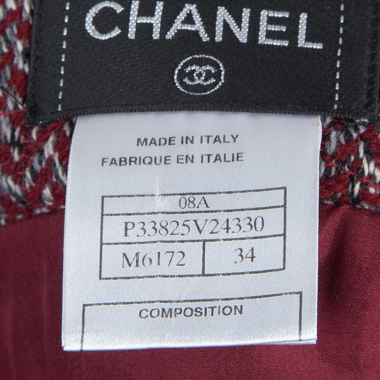 Pre Owned Chanel Red Herringbone Pattern Wool Skirt S