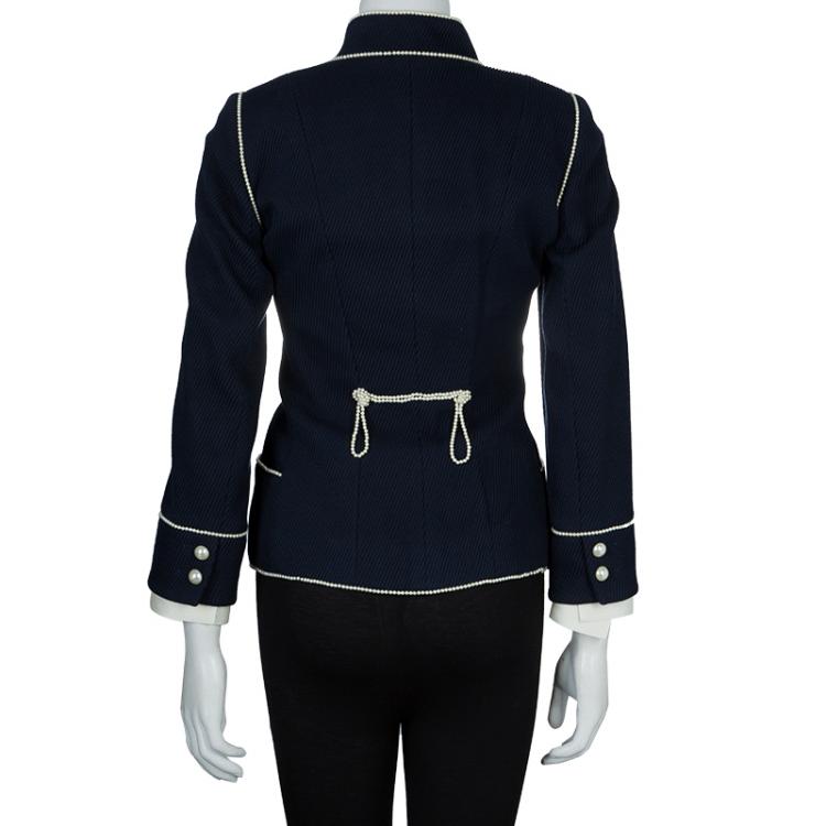 Pre Owned Chanel Navy Blue Pearl Embellished Jacket L