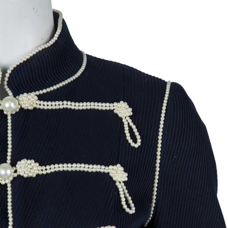 Pre Owned Chanel Navy Blue Pearl Embellished Jacket L