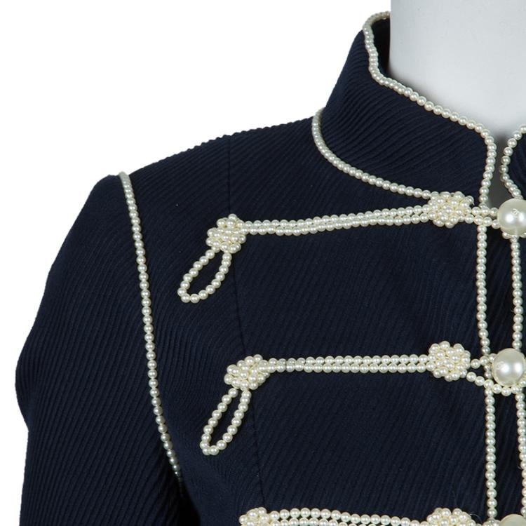 Pre Owned Chanel Navy Blue Pearl Embellished Jacket L