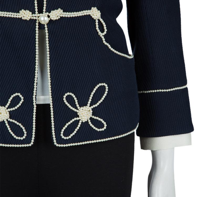 Pre Owned Chanel Navy Blue Pearl Embellished Jacket L