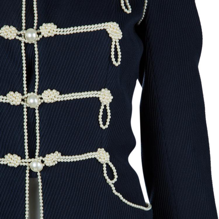 Pre Owned Chanel Navy Blue Pearl Embellished Jacket L