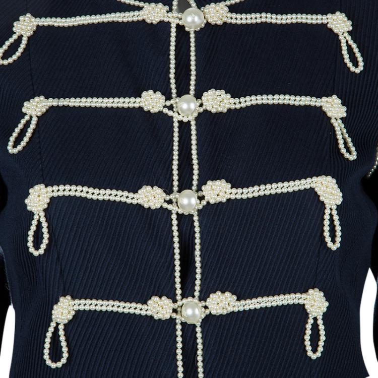 Pre Owned Chanel Navy Blue Pearl Embellished Jacket L