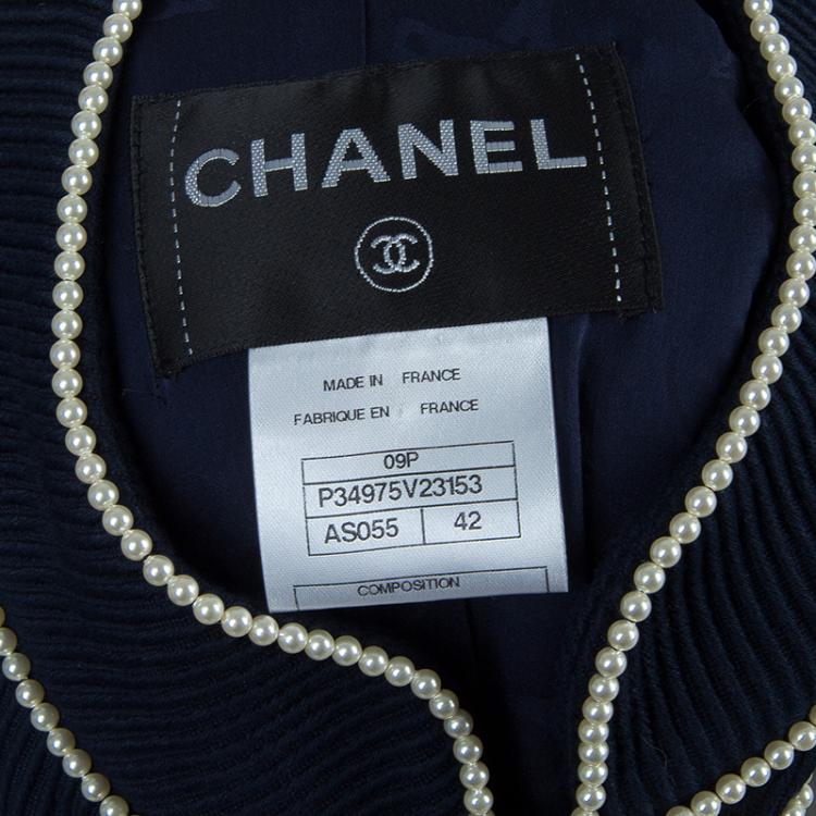 Pre Owned Chanel Navy Blue Pearl Embellished Jacket L