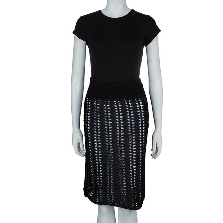 Pre Owned Chanel Black Crochet Detailing Geometric Textured Skirt S