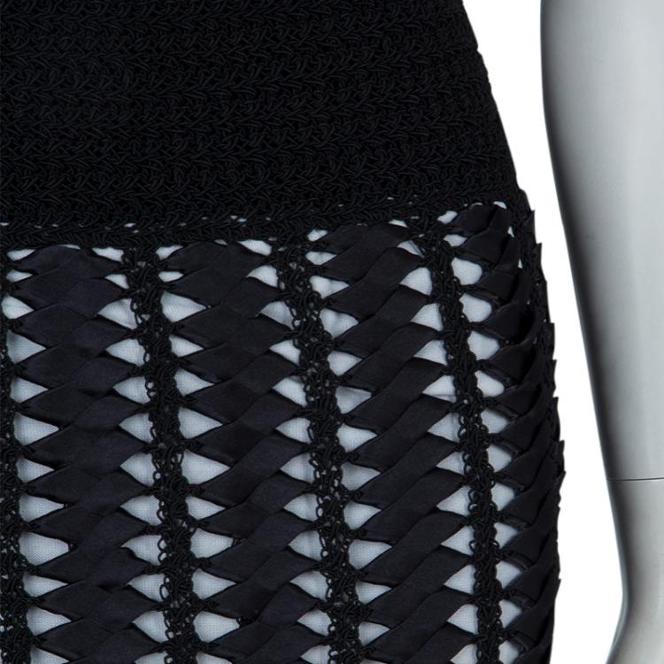 Pre Owned Chanel Black Crochet Detailing Geometric Textured Skirt S