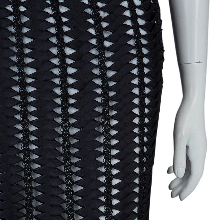 Pre Owned Chanel Black Crochet Detailing Geometric Textured Skirt S
