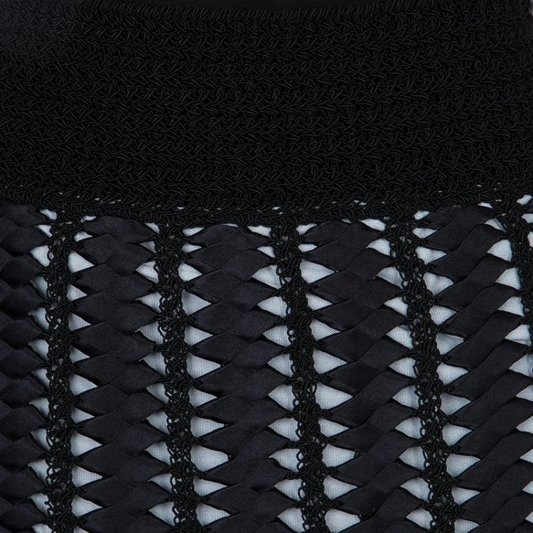 Pre Owned Chanel Black Crochet Detailing Geometric Textured Skirt S