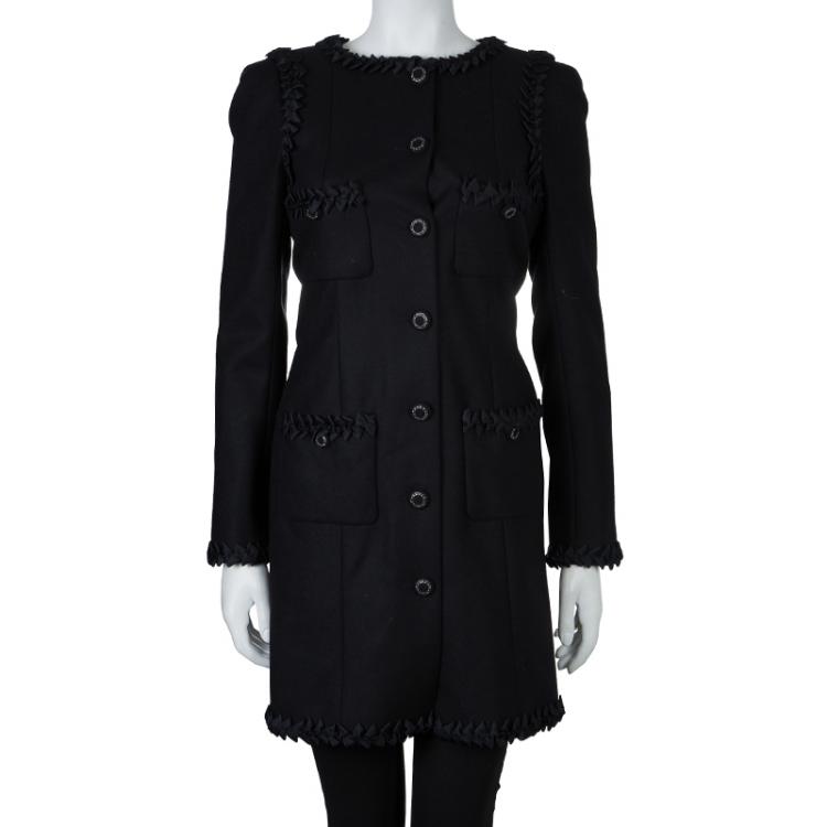 Pre Owned Chanel Black Geometric Applique Detail Overcoat S
