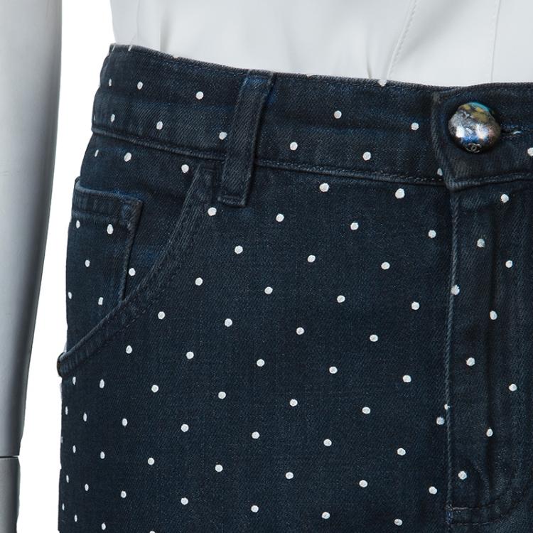Pre Owned Chanel Blue Dark Wash Polka Dotted Denim Jeans M