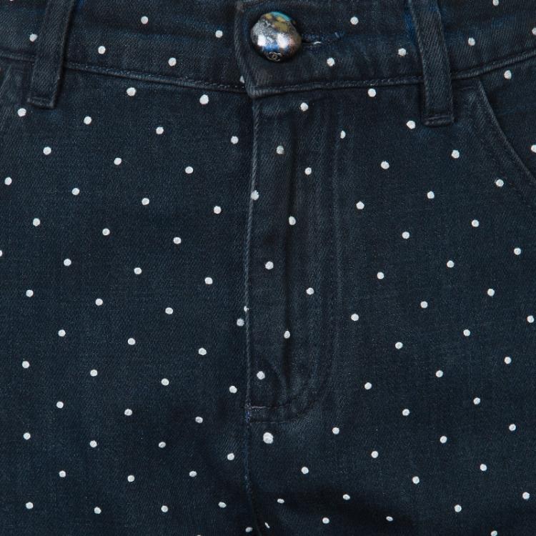 Pre Owned Chanel Blue Dark Wash Polka Dotted Denim Jeans M