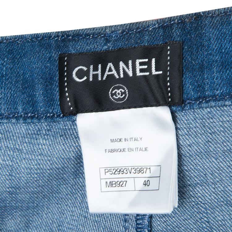 Pre Owned Chanel Blue Dark Wash Polka Dotted Denim Jeans M