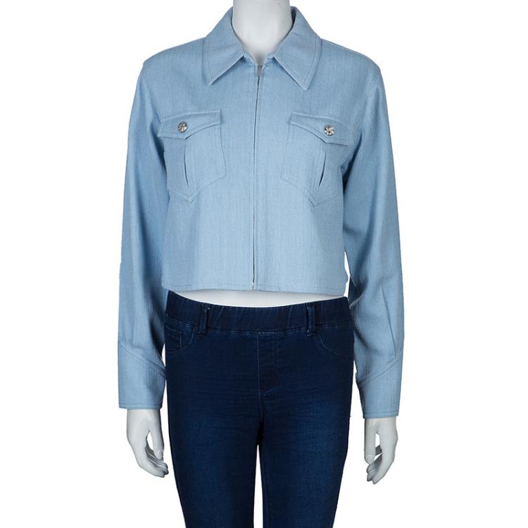 مملوكة مسبقًا Chanel Powder Blue Textured Cotton Cropped Jacket M