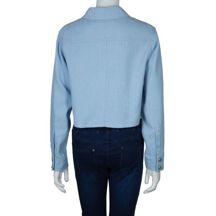 مملوكة مسبقًا Chanel Powder Blue Textured Cotton Cropped Jacket M