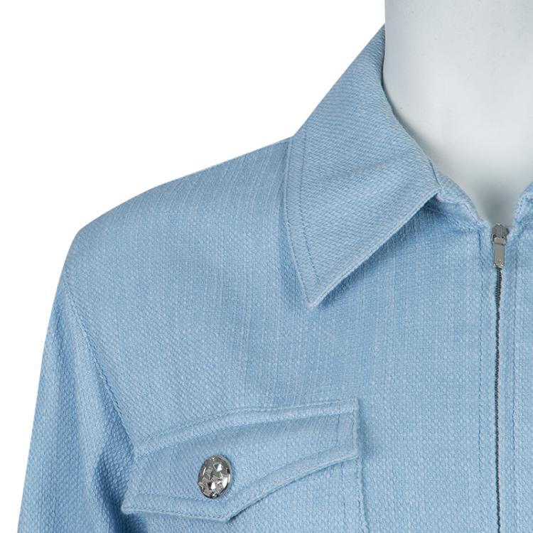 مملوكة مسبقًا Chanel Powder Blue Textured Cotton Cropped Jacket M