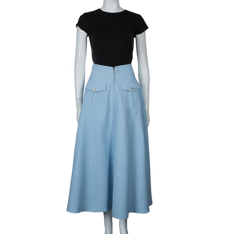 Pre Owned Chanel Powder Blue Textured Cotton High Waist Flared Skirt M