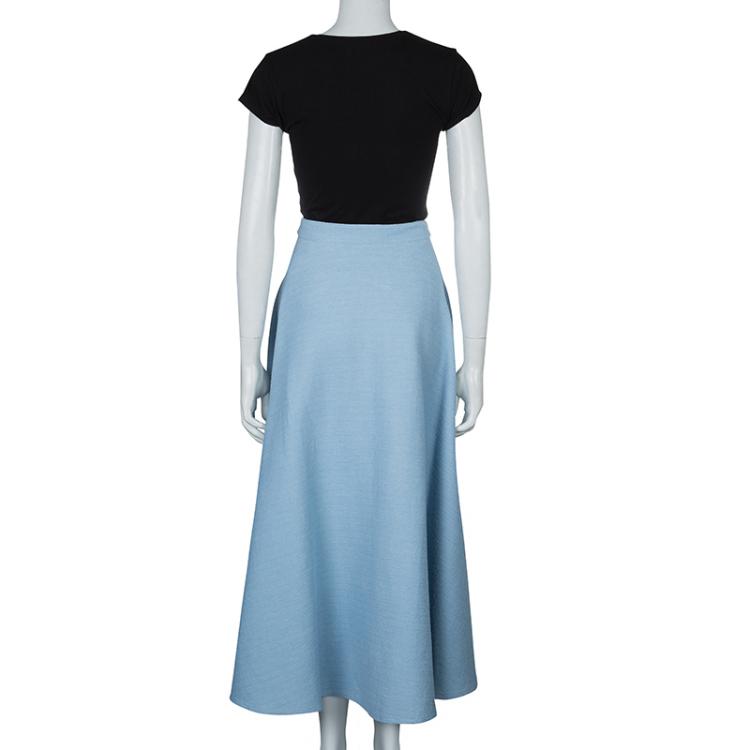 Pre Owned Chanel Powder Blue Textured Cotton High Waist Flared Skirt M