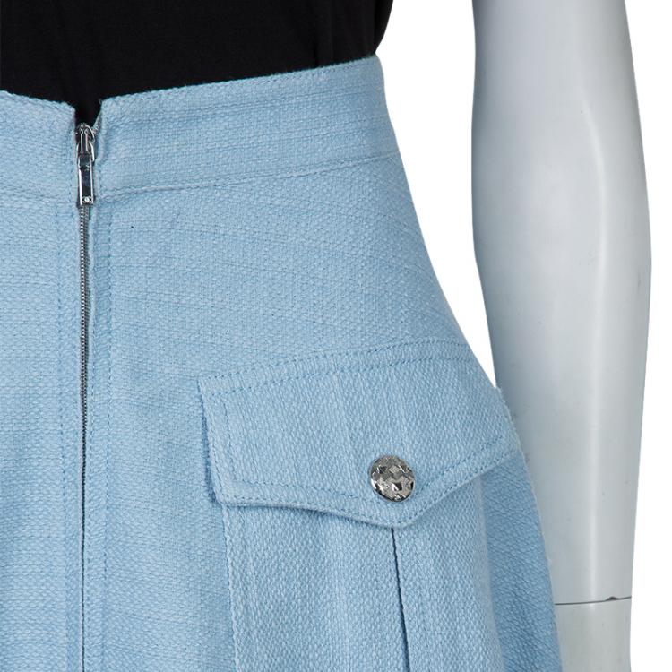 Pre Owned Chanel Powder Blue Textured Cotton High Waist Flared Skirt M