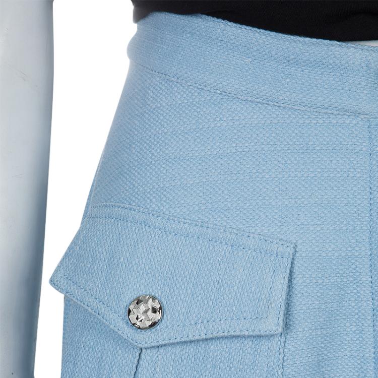 Pre Owned Chanel Powder Blue Textured Cotton High Waist Flared Skirt M