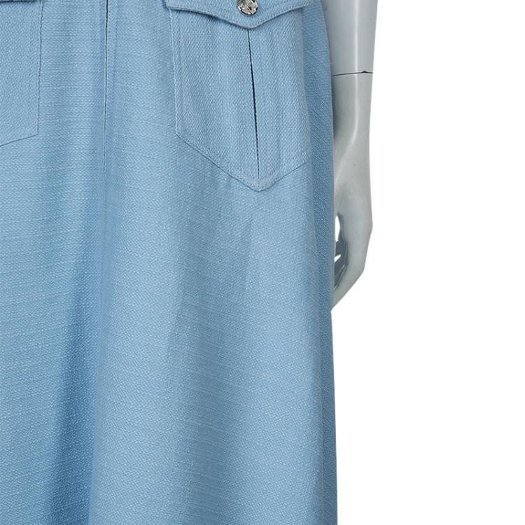 Pre Owned Chanel Powder Blue Textured Cotton High Waist Flared Skirt M