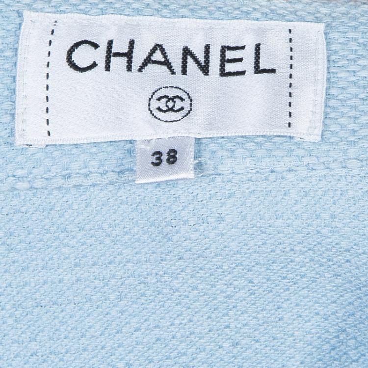 Pre Owned Chanel Powder Blue Textured Cotton High Waist Flared Skirt M