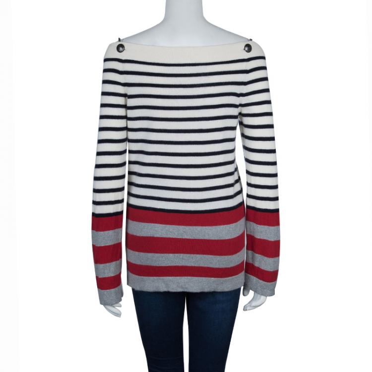 Pre Owned Chanel Multicolor Striped Off-Shoulder Cashmere Sweater M