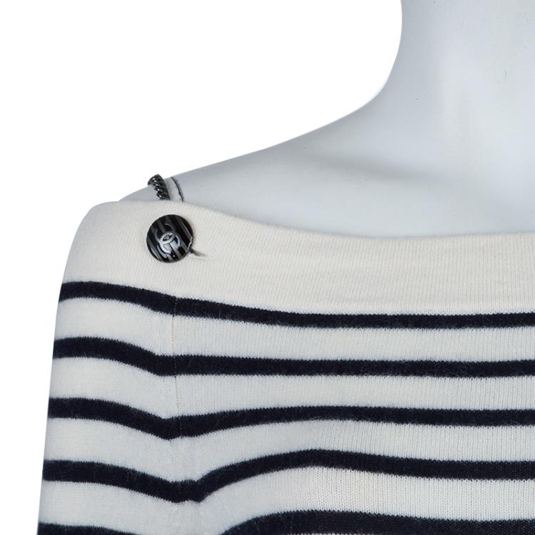 Pre Owned Chanel Multicolor Striped Off-Shoulder Cashmere Sweater M