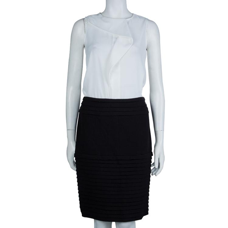 Pre Owned Chanel Black Wool Tiered Pencil Skirt L