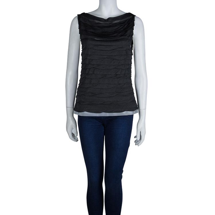 Pre Owned Chanel Grey Metallic Knit Pleated Sleeveless Top M