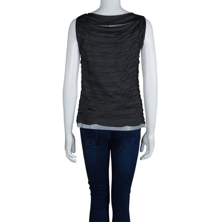 Pre Owned Chanel Grey Metallic Knit Pleated Sleeveless Top M