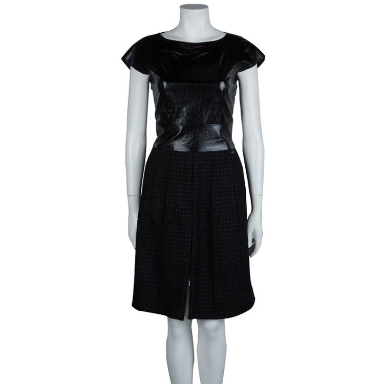 Pre Owned Chanel Black Leather Combo Wool Dress S