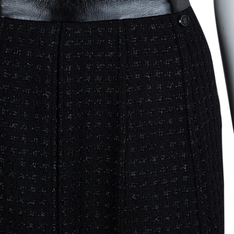 Pre Owned Chanel Black Leather Combo Wool Dress S